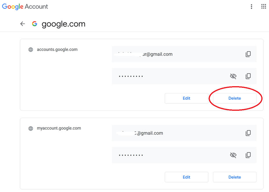 delete google account saved password
