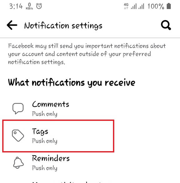 Facebook tag settings
