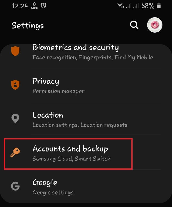 Accounts and Backup settings in an Android Phone 