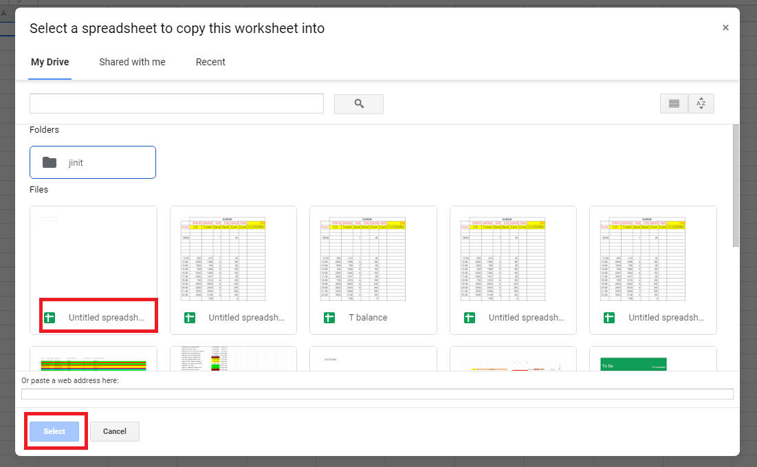 select a spreadsheet to copy this worksheet into