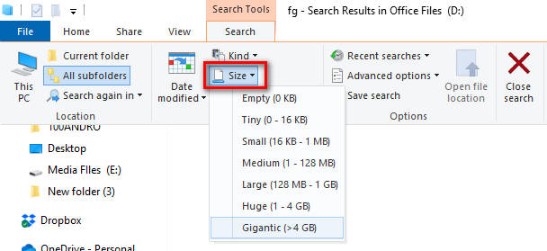 file size in search tab of Windows Explorer