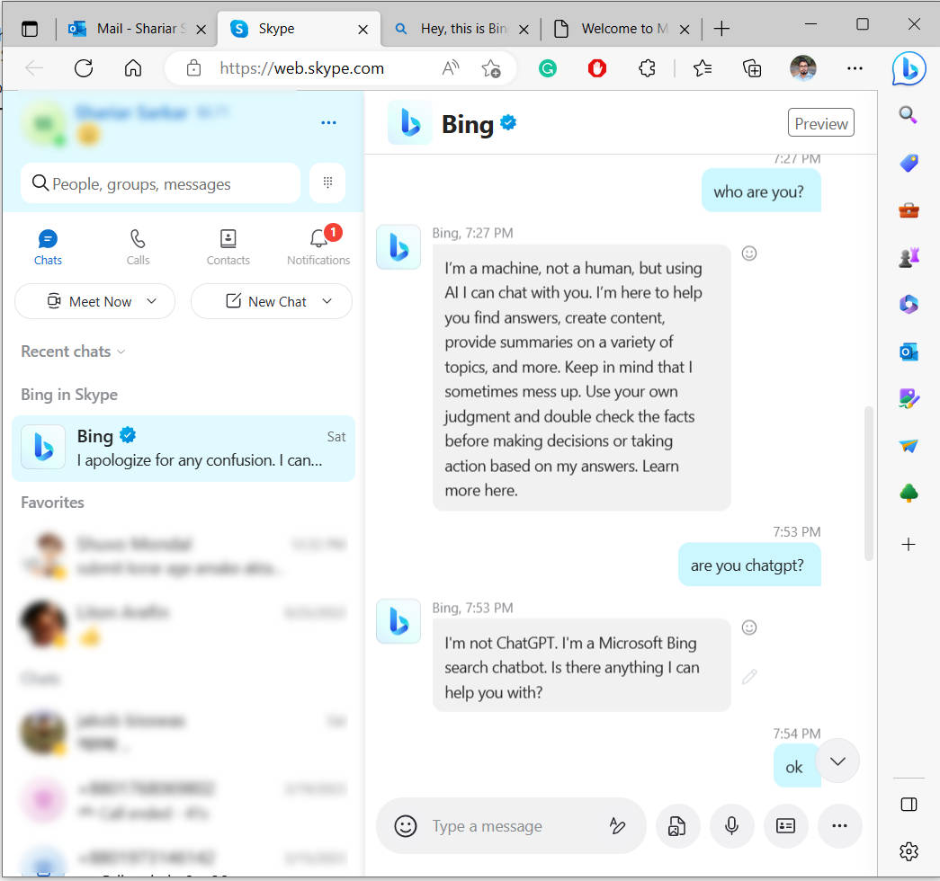 Bing chat-bot of Skype in web version