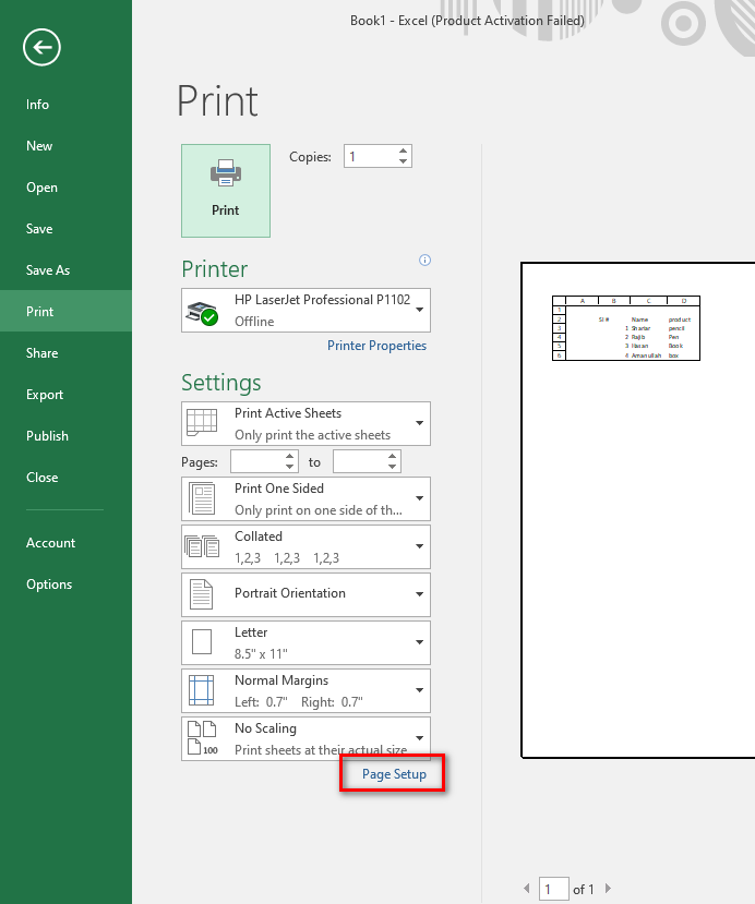 page setup in excel print preview