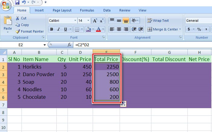 Excel শীটে মাউসের সাহায্যে Total Price বের করা