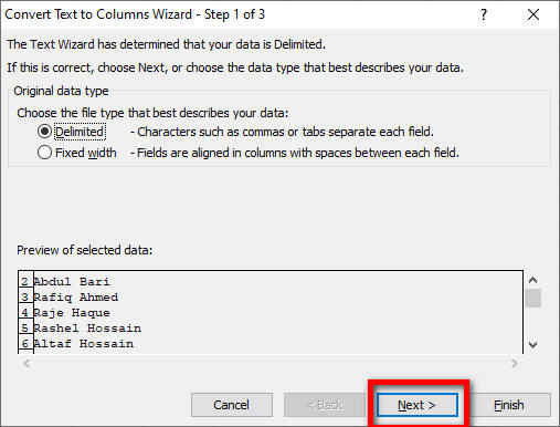 Covert Text to Columns Wizard- Step 1 of 3 Dialog Box