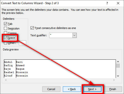 Covert Text to Columns Wizard- Step 2 of 3 Dialog Box