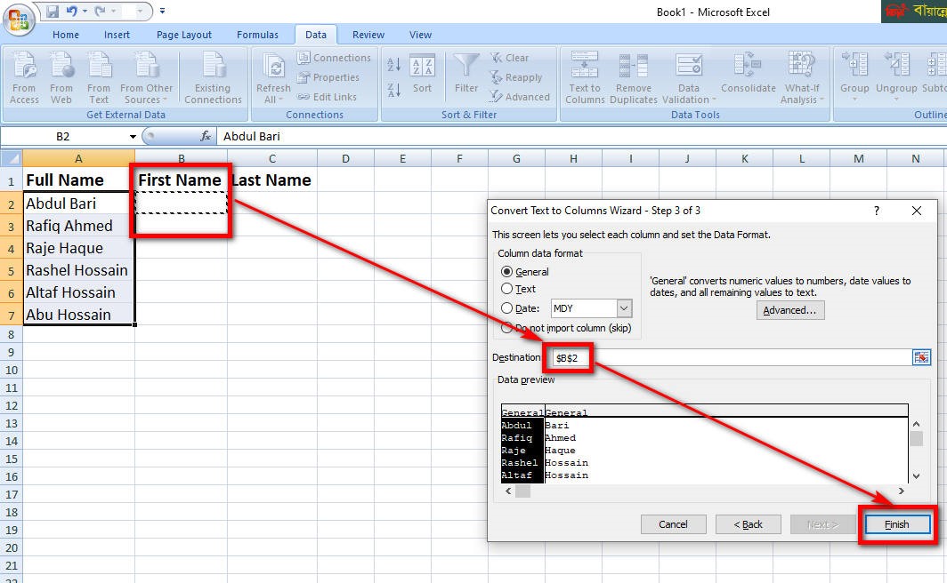 Covert Text to Columns Wizard- Step 3 of 3 Dialog Box