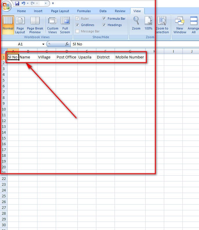 Excel Sheet Heading