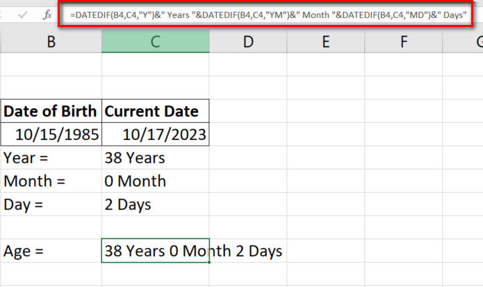 calculate age in excel