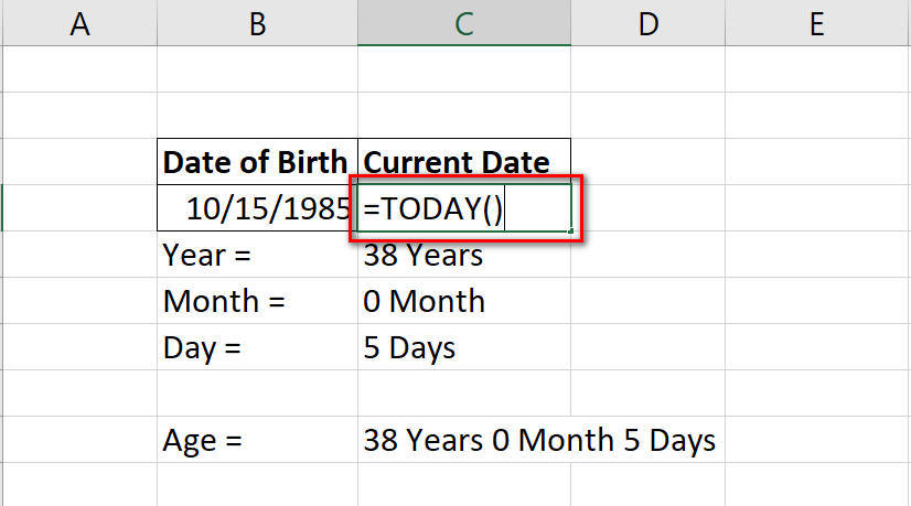 use today() as current date to find age in excel